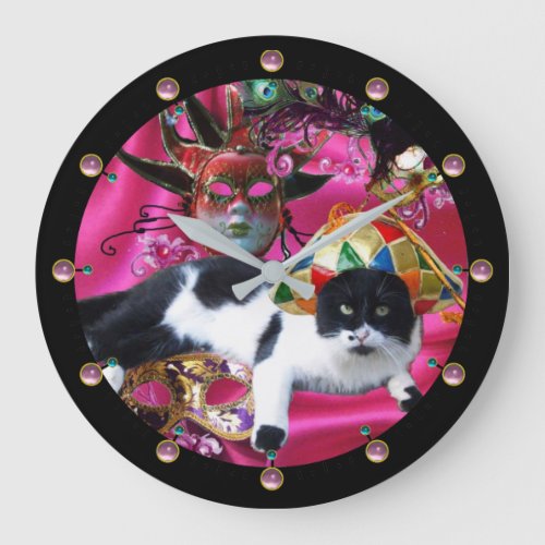CAT WITH HARLEQUIN HAT AND MASQUERADE PARTY MASKS LARGE CLOCK