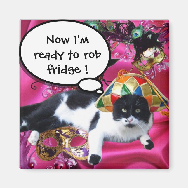 CAT WITH HARLEQUIN HAT AND MASQUERADE PARTY MASKS MAGNET (Front)