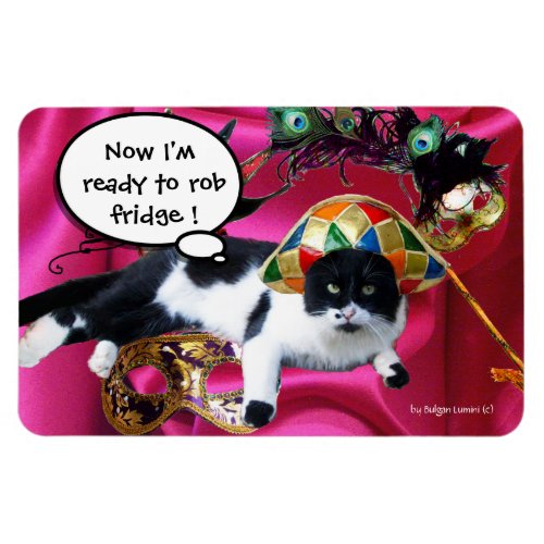 CAT WITH HARLEQUIN HAT AND MASQUERADE PARTY MASKS MAGNET