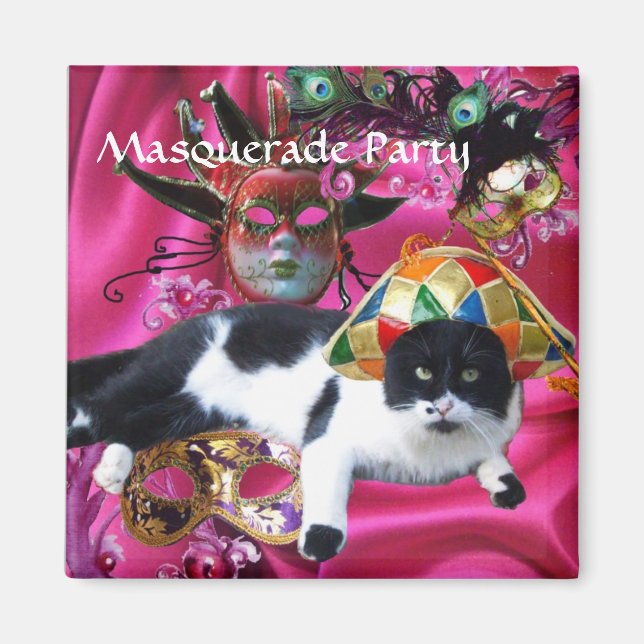 CAT WITH HARLEQUIN HAT AND MASQUERADE PARTY MASKS MAGNET (Front)