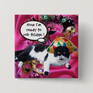 CAT WITH HARLEQUIN HAT AND MASQUERADE PARTY MASKS PINBACK BUTTON