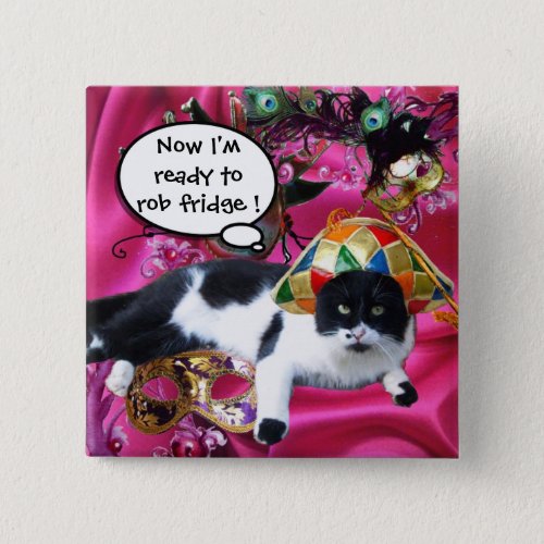 CAT WITH HARLEQUIN HAT AND MASQUERADE PARTY MASKS PINBACK BUTTON