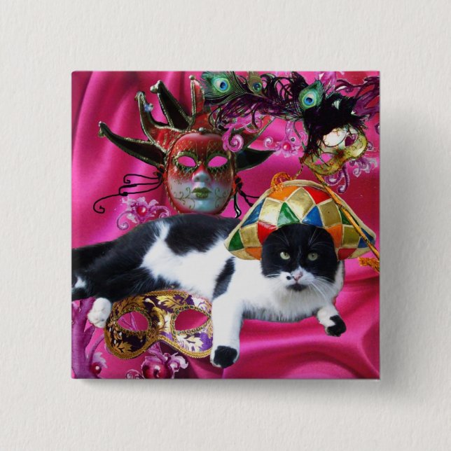 CAT WITH HARLEQUIN HAT AND MASQUERADE PARTY MASKS PINBACK BUTTON (Front)