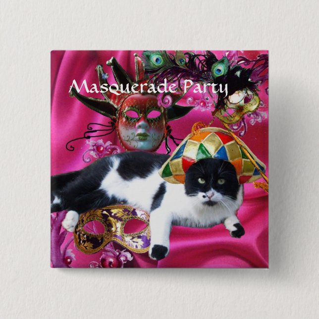 CAT WITH HARLEQUIN HAT AND MASQUERADE PARTY MASKS PINBACK BUTTON (Front)