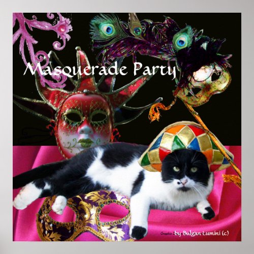CAT WITH HARLEQUIN HAT AND MASQUERADE PARTY MASKS POSTER