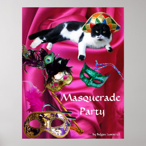 CAT WITH HARLEQUIN HAT AND MASQUERADE PARTY MASKS POSTER