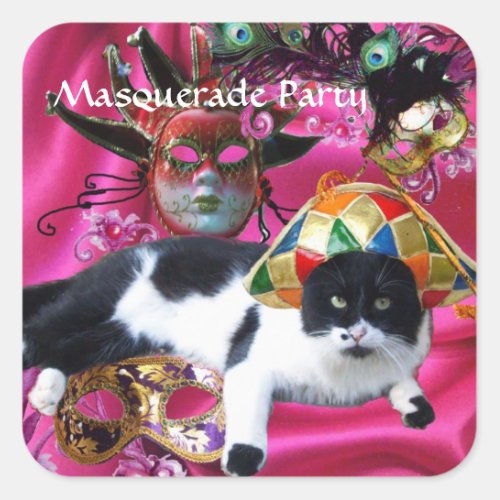 CAT WITH HARLEQUIN HAT AND MASQUERADE PARTY MASKS SQUARE STICKER