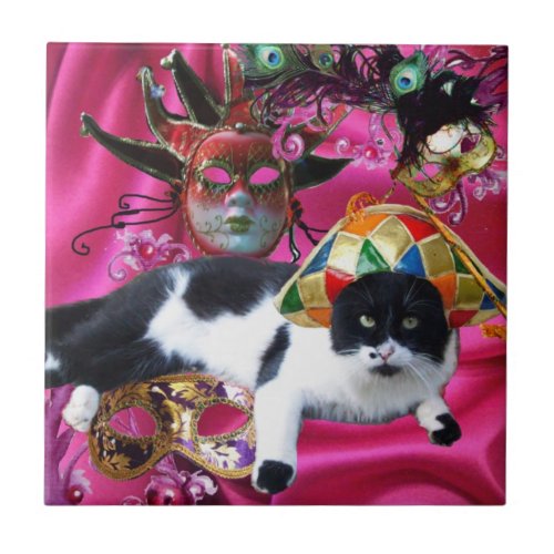 CAT WITH HARLEQUIN HAT AND MASQUERADE PARTY MASKS TILE