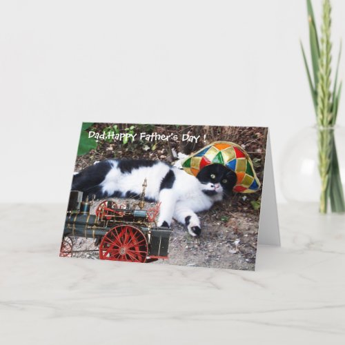 CAT WITH HARLEQUIN HAT Fathers Day Card