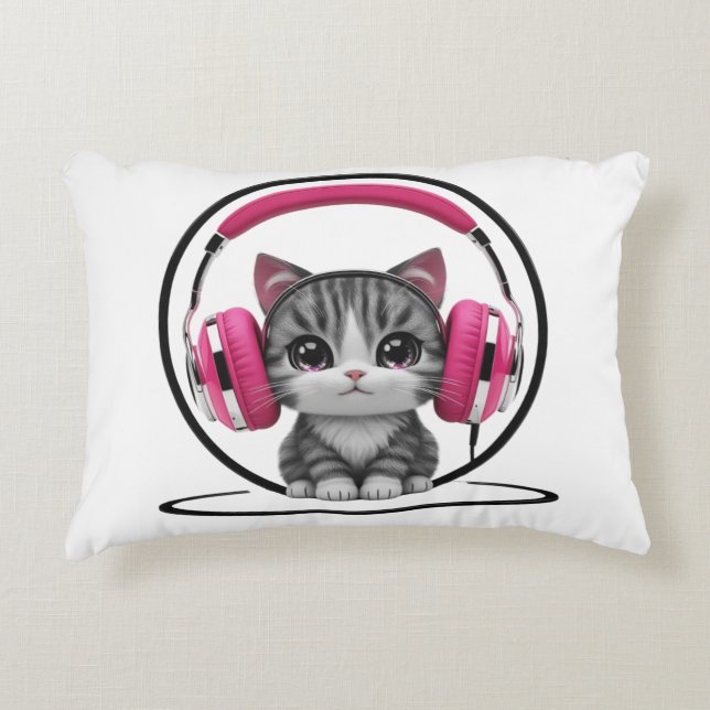 Cat  with headphones accent pillow (Front)