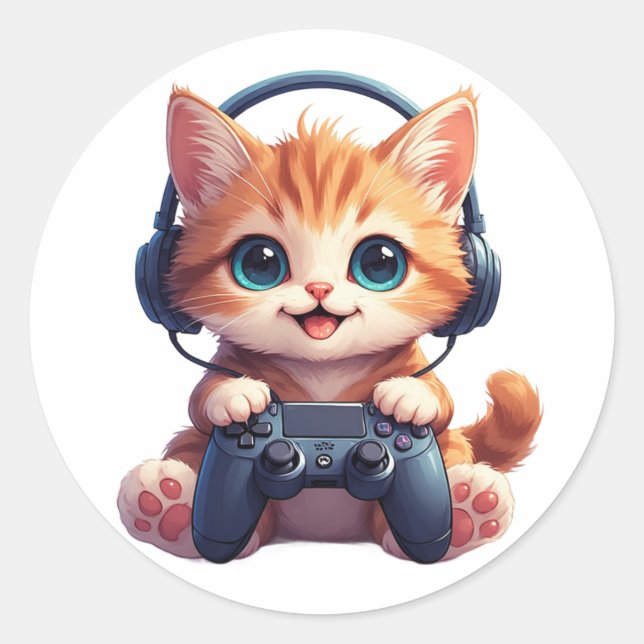 Cat with headphones and controller classic round sticker (Front)