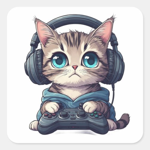 Cat with headphones and controller square sticker