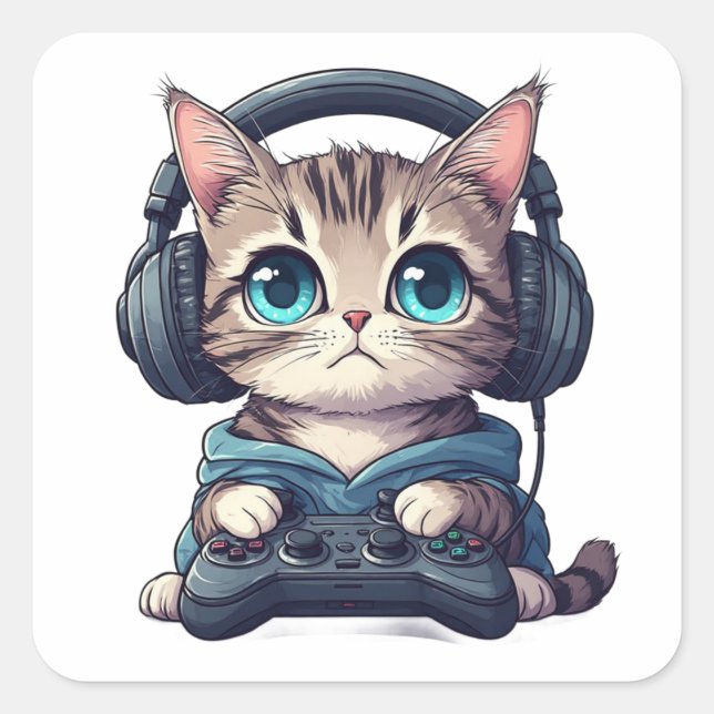 Cat with headphones and controller square sticker (Front)