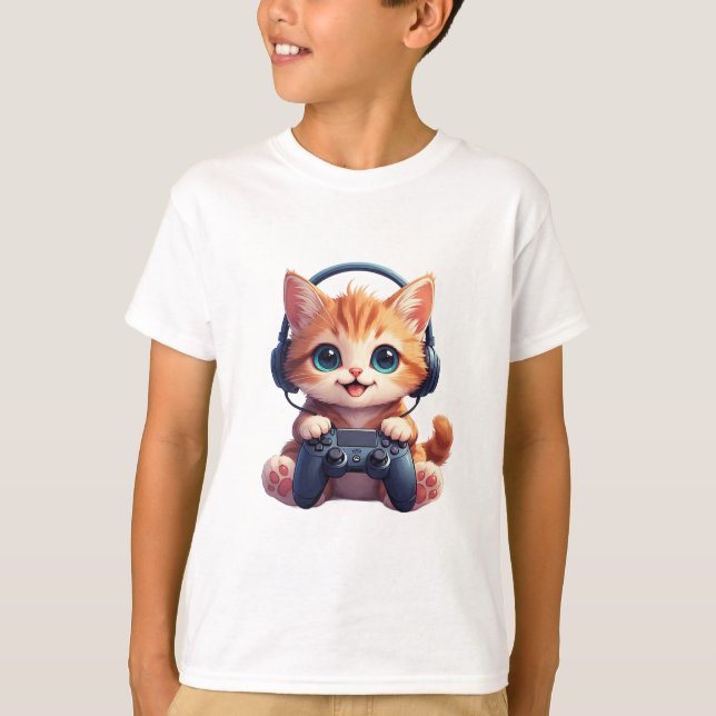 Cat with headphones and controller T-Shirt (Front)