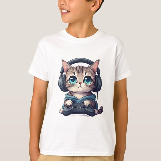 Cat with headphones and controller T-Shirt (Front)