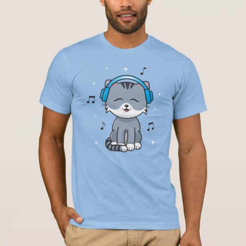 Cat with Headphones  Blue T_Shirt