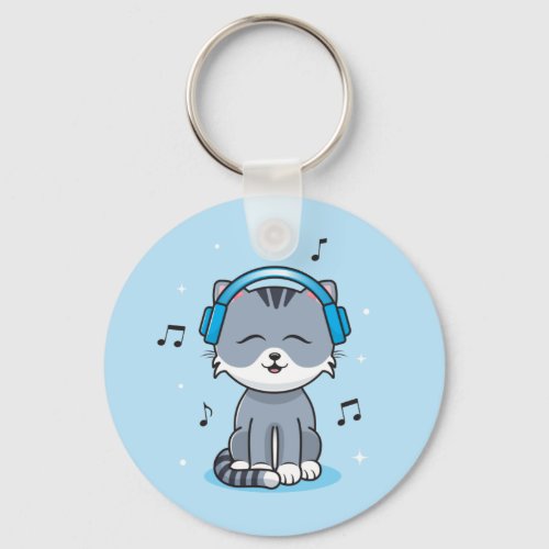 Cat with Headphones Button Keychain