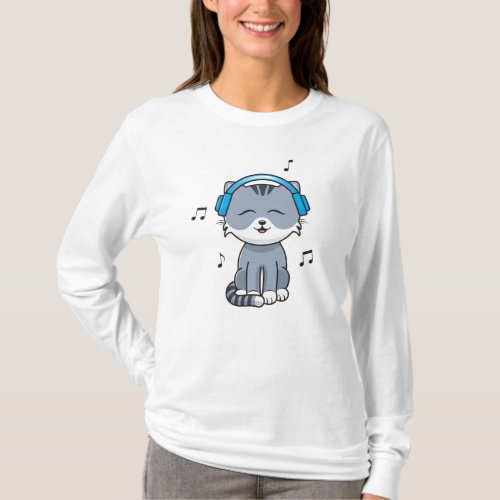 Cat with Headphones Long_Sleeve White T_Shirt