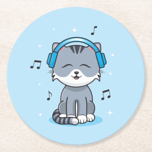 Cat with Headphones Paper Coasters