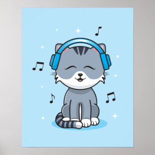 Cat with Headphones Poster (16x20)