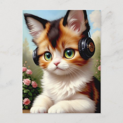 Cat with Headphones _ Vintage Painting Postcard