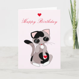 Cat with Heart Gift Birthday Card with Custom Text
