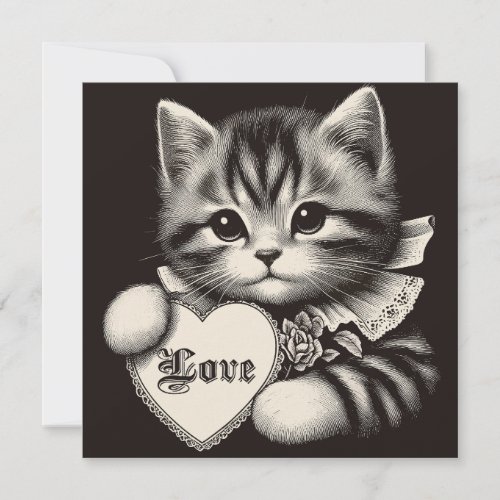 Cat with Heart Vintage Valentine Illustration Card