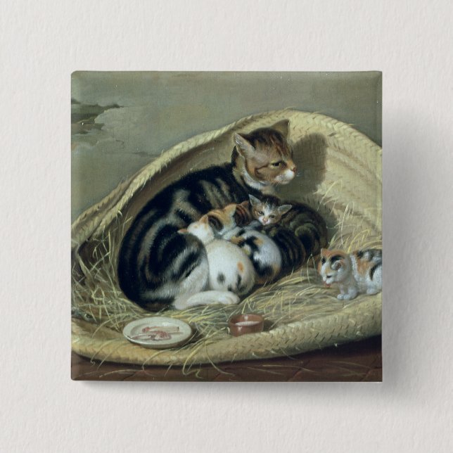 Cat with Her Kittens in a Basket, 1797 Pinback Button (Front)