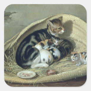 Cat with Her Kittens in a Basket, 1797 Square Sticker