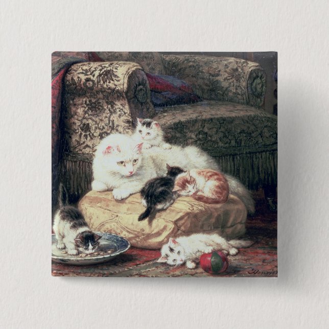 Cat with her Kittens on a Cushion Pinback Button (Front)