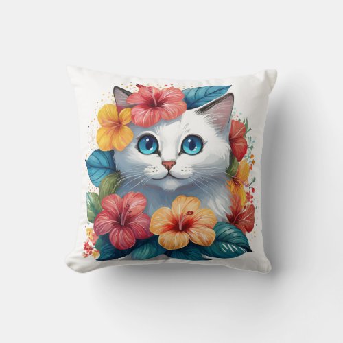 Cat with hibiscus flower pillow