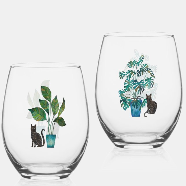 Cat with House Plants Watercolor Stemless Wine Glass (Watercolor cat with house plant art glasses)