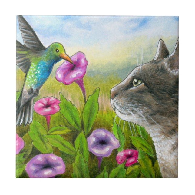 Cat with Hummingbird 591 Ceramic Tile (Front)