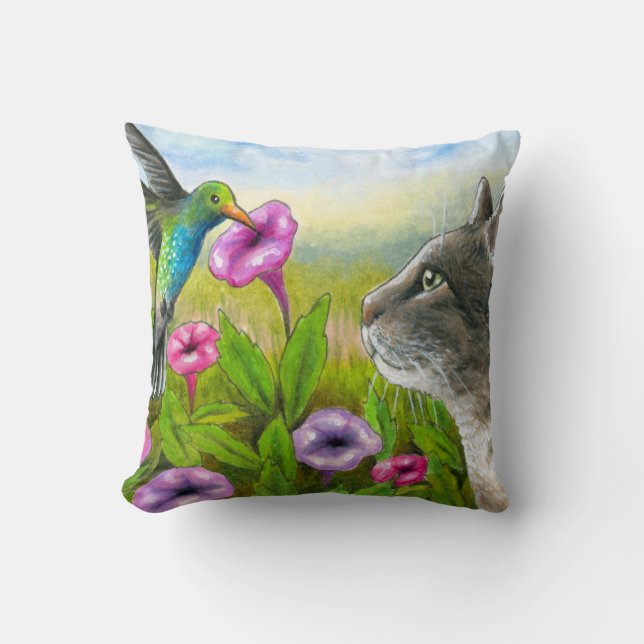 Cat with Hummingbird 591 Throw Pillow (Front)