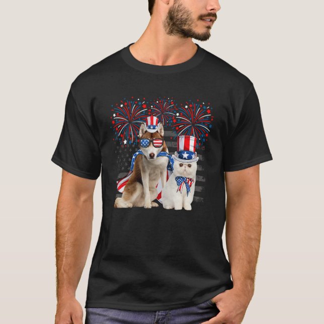 Cat With Husky Sunglasses American Flag 4th Of Jul T-Shirt (Front)