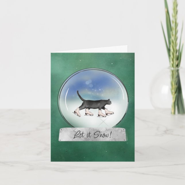 Cat with Ice Skates Snowglobe Christmas Card (Front)