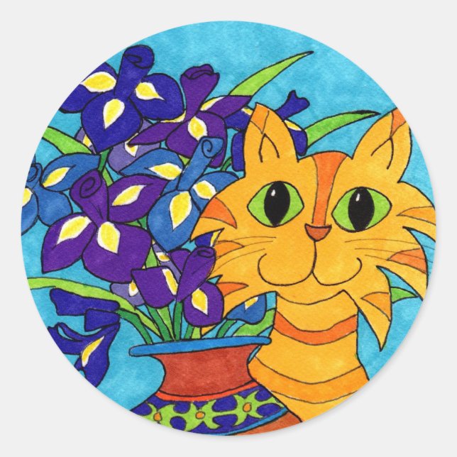 Cat with Irises in Talavera Vase Classic Round Sticker (Front)