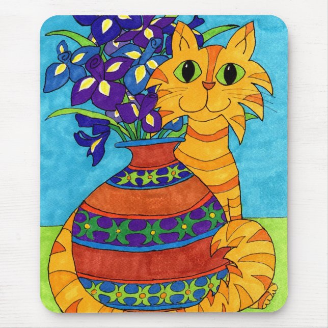 Cat with Irises in Talavera Vase Mouse Pad (Front)