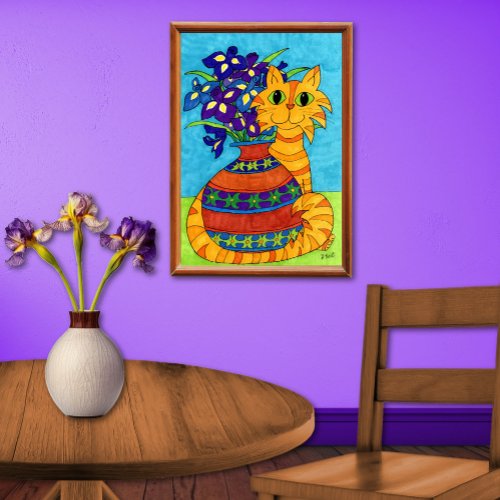 Cat with Irises in Talavera Vase Poster