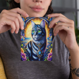 Cat with jewels in vibrant fantasy garden postcard