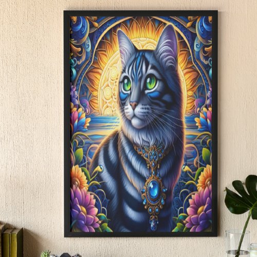 Cat with jewels in vibrant fantasy garden poster