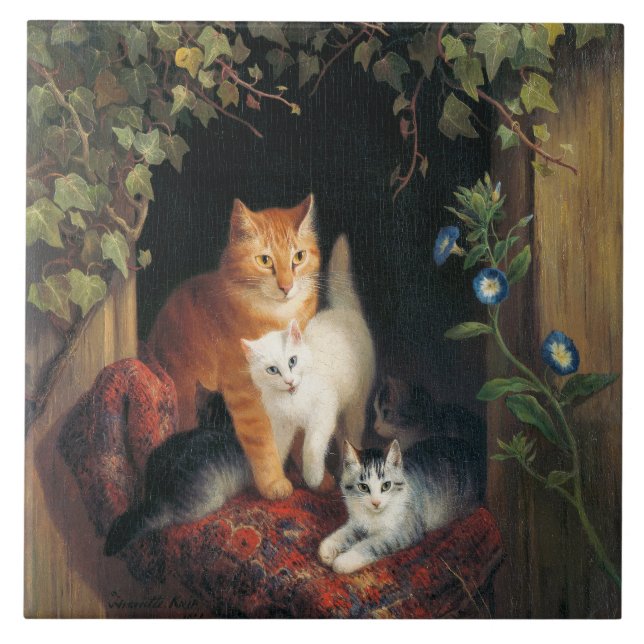 Cat With Kittens (Animal Art) Ceramic Tile (Front)