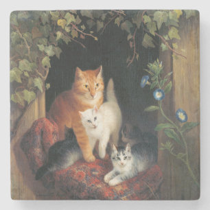 Cat With Kittens (Animal Art) Stone Coaster