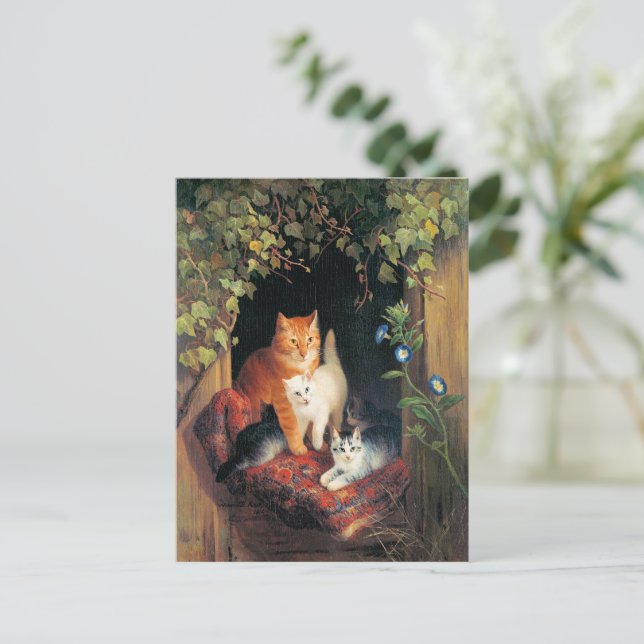 Cat with Kittens, fine art painting, Postcard (Standing Front)