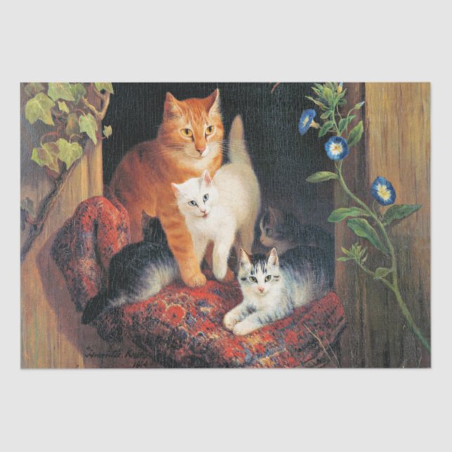 Cat with Kittens, fine art painting, Tissue Paper (Front)