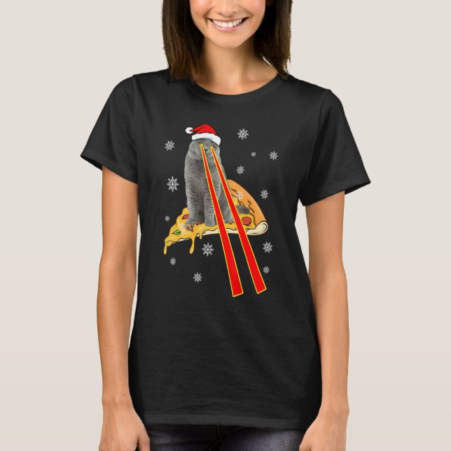 Cat With Laser Eyes Funny Pizza Cat Christmas T-Shirt (Front)