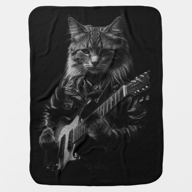 Cat with leather Jacket playing electric guitar  Baby Blanket (Front)