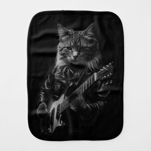 Cat with leather Jacket playing electric guitar  Baby Burp Cloth