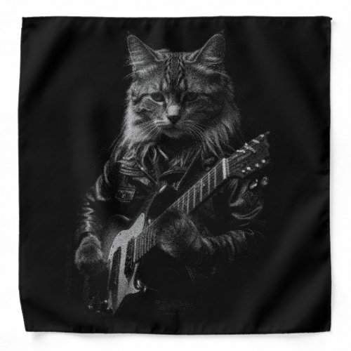 Cat with leather Jacket playing electric guitar  Bandana