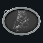 Cat with leather Jacket playing electric guitar Belt Buckle<br><div class="desc">The shirt design depicts a striking and stylish image of a cool cat sporting a leather jacket and playing an electric guitar. The design is primarily in black and white, adding a classic and timeless feel to the graphic. The central focus of the design is the cat, which exudes an...</div>